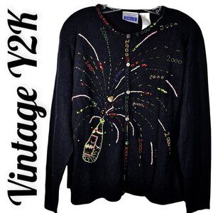 NWT VINTAGE Y2K NYE 2000 BEADED SEQUIN EMBELLISHED CARDIGAN SWEATER PARTY, LARGE